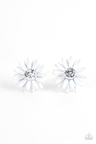 Sunshiny DAIS-y - Paparazzi - White Daisy Flower Rhinestone Post Earrings