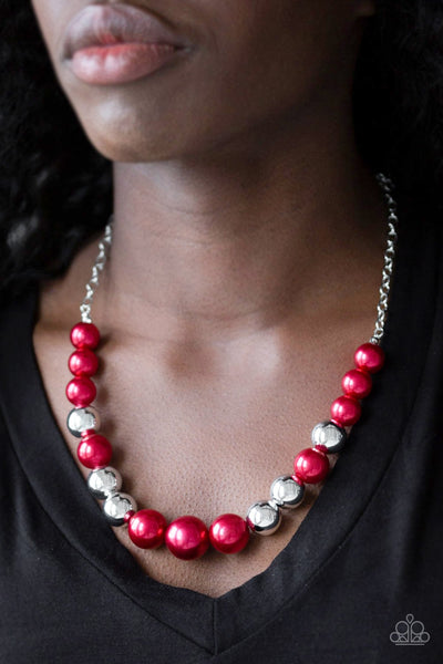 Take Note - Paparazzi - Red Pearl Silver Bead Necklace
