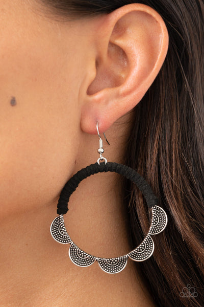 Tambourine Trend - Paparazzi - Black Suede Wrapped Circular Silver Scalloped Earrings