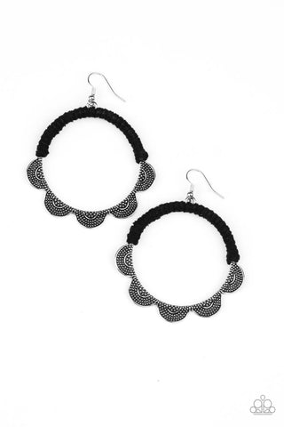 Tambourine Trend - Paparazzi - Black Suede Wrapped Circular Silver Scalloped Earrings