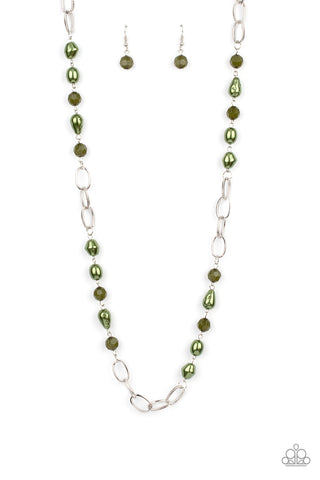 Tea Party Tango - Paparazzi - Green Bead and Pearl Silver Link Necklace