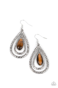 Teardrop Torrent - Paparazzi - Brown Tiger's Eye Stone Silver Hammered Teardrop Earrings