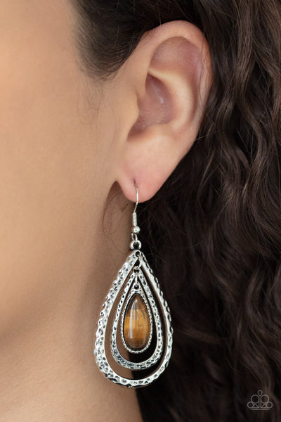 Teardrop Torrent - Paparazzi - Brown Tiger's Eye Stone Silver Hammered Teardrop Earrings