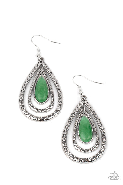 Teardrop Torrent - Paparazzi - Green Jade Stone Silver Hammered Teardrop Earrings