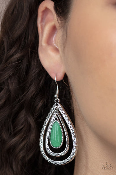 Teardrop Torrent - Paparazzi - Green Jade Stone Silver Hammered Teardrop Earrings