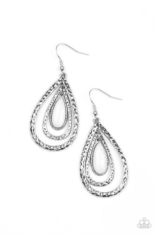 Teardrop Torrent - Paparazzi - White Bead Silver Hammered Teardrop Earrings