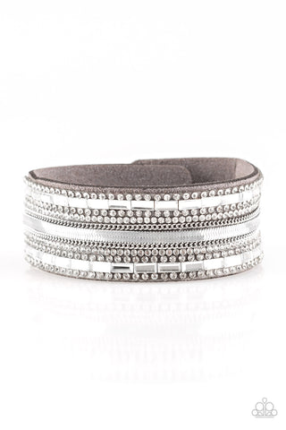 Teasingly Tomboy – Paparazzi – Silver White Rhinestone Gray Suede Wrap Bracelet