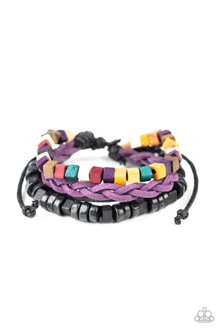 Technicolor Timberland - Paparazzi - Multi Wood Cube Beads Purple and Black Suede Sliding Knot Bracelet