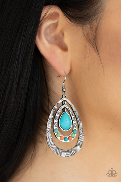 Terra Teardrops - Paparazzi - Multi Turquoise Green Coral Stone Silver Teardrop Earrings