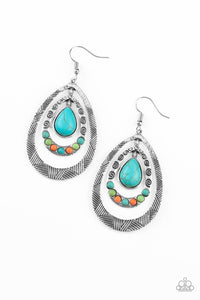 Terra Teardrops - Paparazzi - Multi Turquoise Green Coral Stone Silver Teardrop Earrings