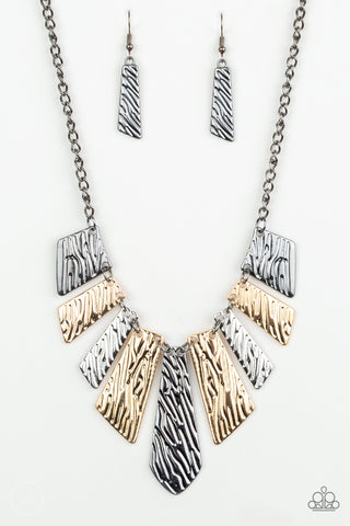 Texture Tigress - Paparazzi - Multi Silver Gold and Gunmetal Hammered Bar Fringe Necklace