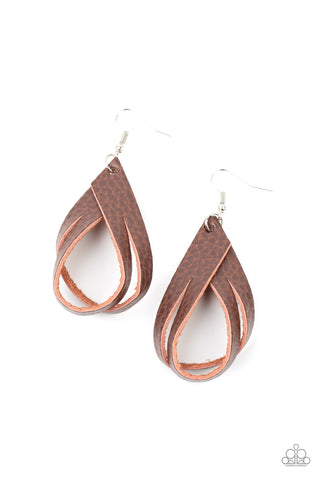 Thats A STRAP - Paparazzi - Brown Leather Teardrop Earrings