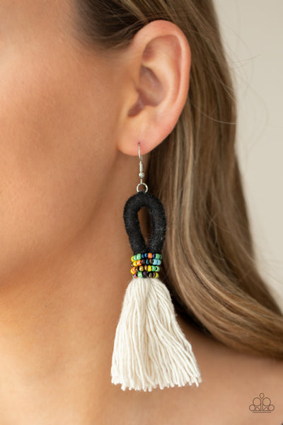 The Dustup - Paparazzi - Black and White Thread Multi Seed Bead Tassel Earrings