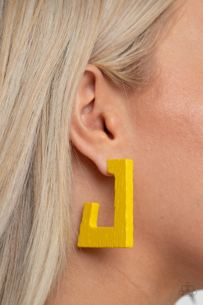 The Girl Next OUTDOOR - Paparazzi - Yellow Wood Rectangular Hoop Earrings
