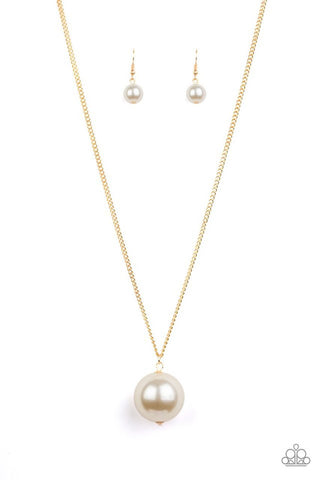The Grand Baller - Paparazzi - Gold Large White Pearl Pendant Necklace