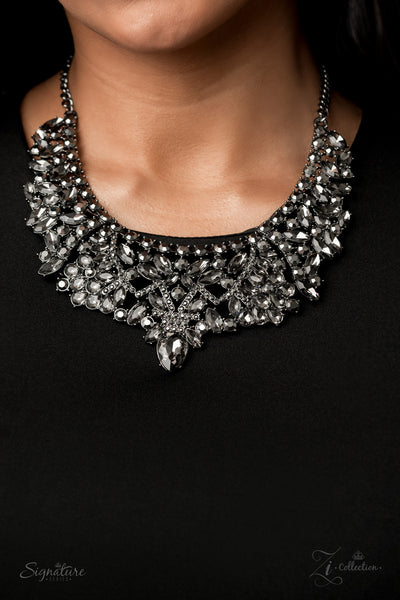 The Tina - Paparazzi - Hematite and Smokey Rhinestone Gunmetal Zi Collection 2020 Necklace