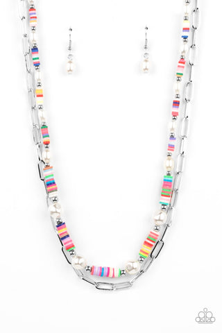 Tidal Trendsetter - Paparazzi - Multi Rubber Disc Pearl Bead Silver Chain Layered Necklace