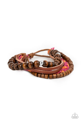 Timberland Trendsetter - Paparazzi - Pink and Orange Braided Brown Wood and Leather Sliding Knot Bracelet