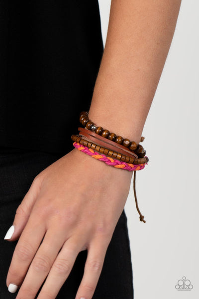 Timberland Trendsetter - Paparazzi - Pink and Orange Braided Brown Wood and Leather Sliding Knot Bracelet