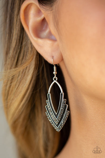 Tour de Force - Paparazzi - Silver Hematite Rhinestone V Shaped Earrings