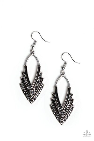 Tour de Force - Paparazzi - Silver Hematite Rhinestone V Shaped Earrings