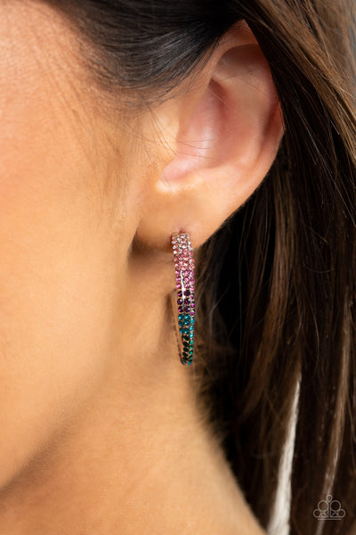 Trail Of Twinkle - Paparazzi - Multi Pink Purple Blue Green Rhinestone Small Hoop Earrings