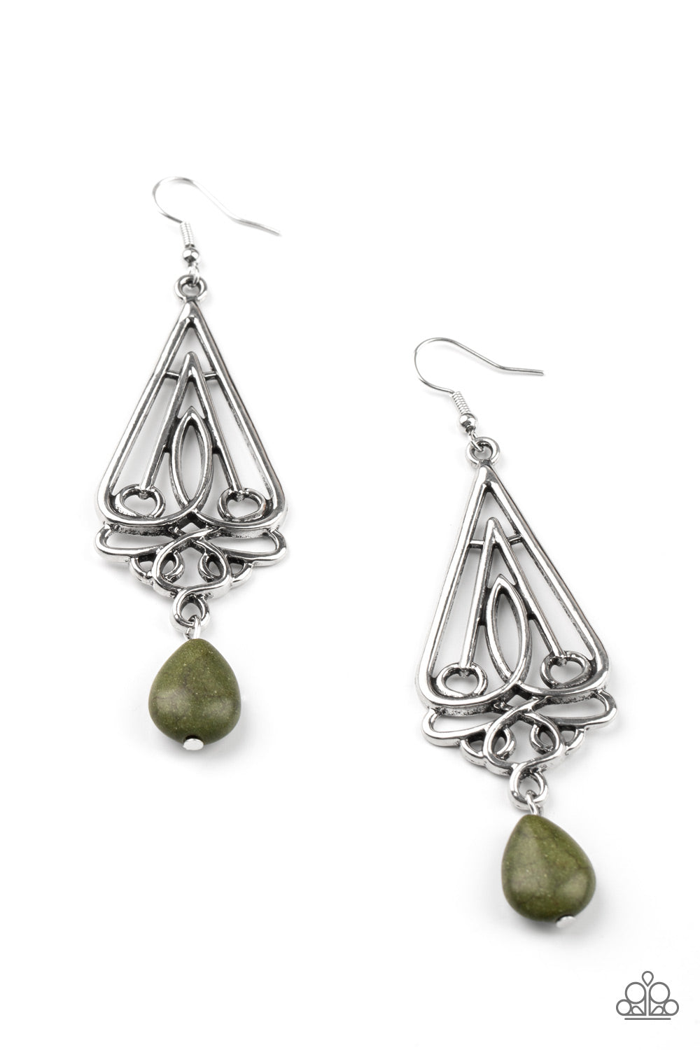 Transcendent Trendsetter - Paparazzi - Green Stone Filigree Triangle Silver Earrings