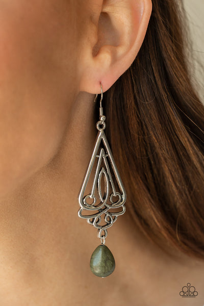 Transcendent Trendsetter - Paparazzi - Green Stone Filigree Triangle Silver Earrings