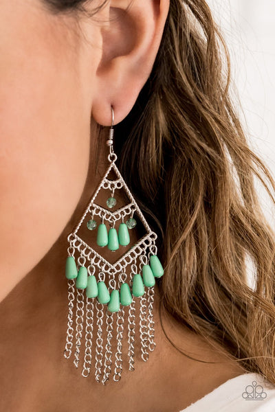 Trending Transcendence - Paparazzi - Green Kite Silver Frame Summer Party Pack Exclusive Earrings
