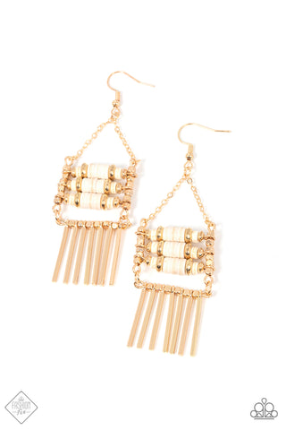 Tribal Tapestry - Paparazzi - Gold Fringe White Stone Fashion Fix Earrings