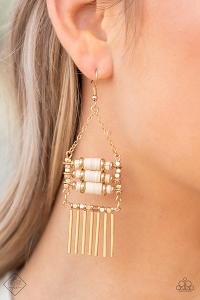 Tribal Tapestry - Paparazzi - Gold Fringe White Stone Fashion Fix Earrings