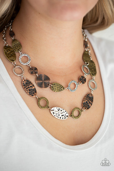 Trippin' On Texture - Paparazzi - Multi Brass Copper and Silver Hammered Tiered Necklace