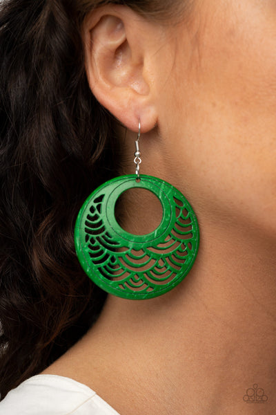 Tropical Canopy - Paparazzi - Green Distressed Wood Circle Earrings