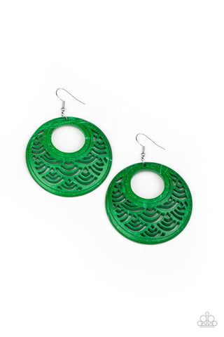 Tropical Canopy - Paparazzi - Green Distressed Wood Circle Earrings