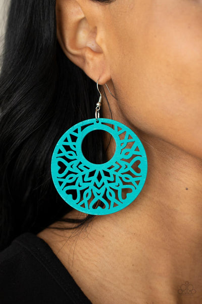 Tropical Reef - Paparazzi - Blue Turquoise Wooden Cutout Circular Earrings