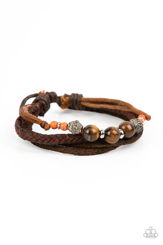 Tundra Tracker - Paparazzi - Orange Stone Tigers Eye Brown Leather Sliding Knot Bracelet
