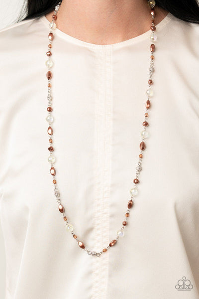 Twinkling Treasures - Paparazzi - Brown Pearl and Iridescent Crystal Beaded Silver Necklace