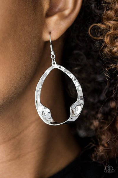 Twist Me Round - Paparazzi - Silver Hammered Twisted Teardrop Earrings