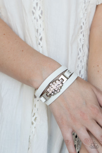 Ultra Urban - Paparazzi - White Rhinestone Leather Wrap Bracelet