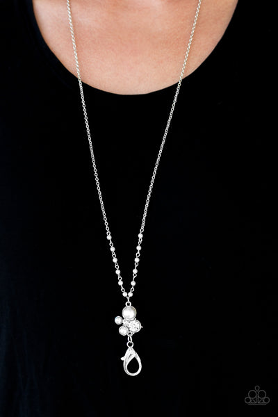 Uniquely Uptown - Paparazzi - White Pearl and Rhinestone Cluster Lanyard Necklace