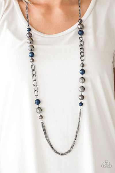 Uptown Talker - Paparazzi - Gunmetal and Navy Blue Pearl Bead Necklace