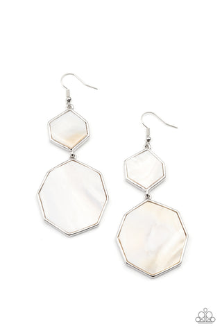 Vacation Glow - Paparazzi - White Shell-Like Geometric Silver Earrings