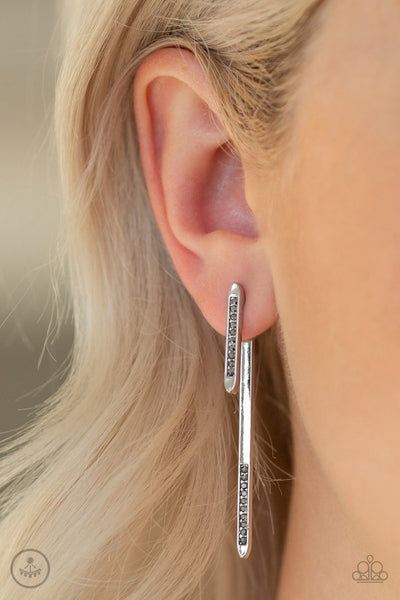 Very Important VIXEN - Paparazzi - Silver Hematite Rhinestone Silver Bar Jacket Earrings