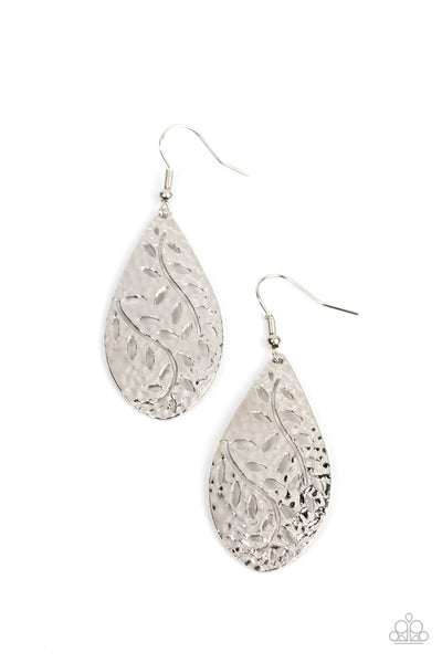 Vineyard Vanity - Paparazzi - Silver Leafy Hammered Teardrop Earrings