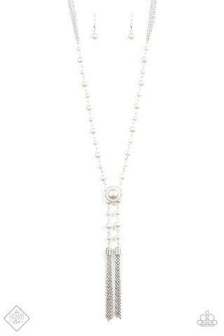 Vintage Diva - Paparazzi - White Pearl Silver Tassel Necklace Fashion Fix
