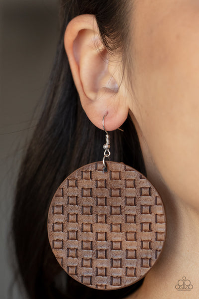 WEAVE Me Out Of It - Paparazzi - Brown Woven Leather Circular Earrings