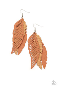WINGING Off The Hook - Paparazzi - Brown Cork and Leather Feather Earrings