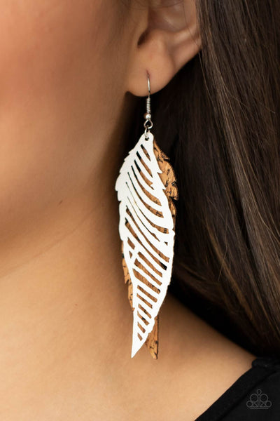 WINGING Off The Hook - Paparazzi - White Feather Leather and Cork Earrings