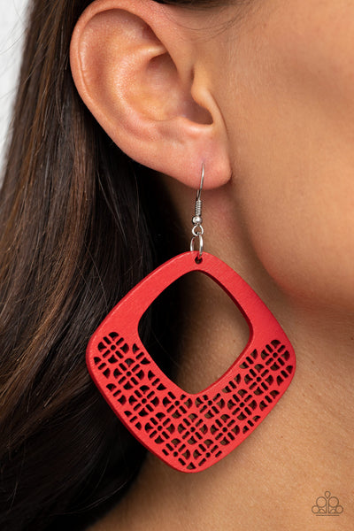 WOOD You Rather - Paparazzi - Red Floral Stenciled Diamond Shaped Earrings
