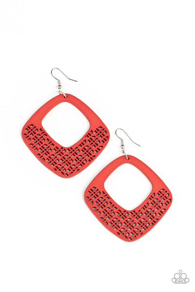 WOOD You Rather - Paparazzi - Red Floral Stenciled Diamond Shaped Earrings